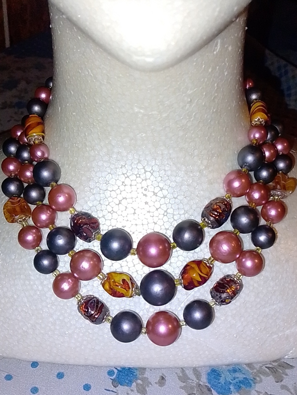 Antique Multistrand Pearl & Glass Bead Statement Necklace in Rose and Gunmetal